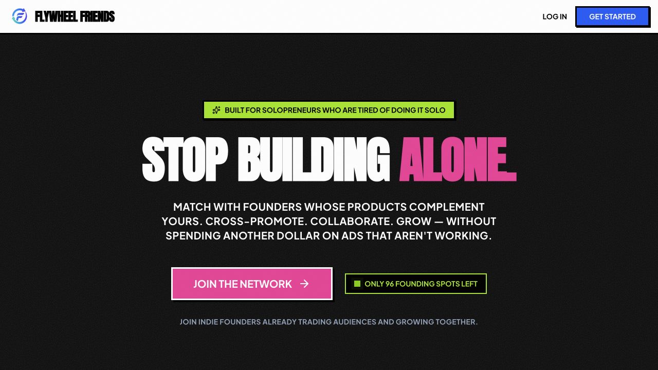 The public Flywheel Friends homepage with the headline Stop Building Alone